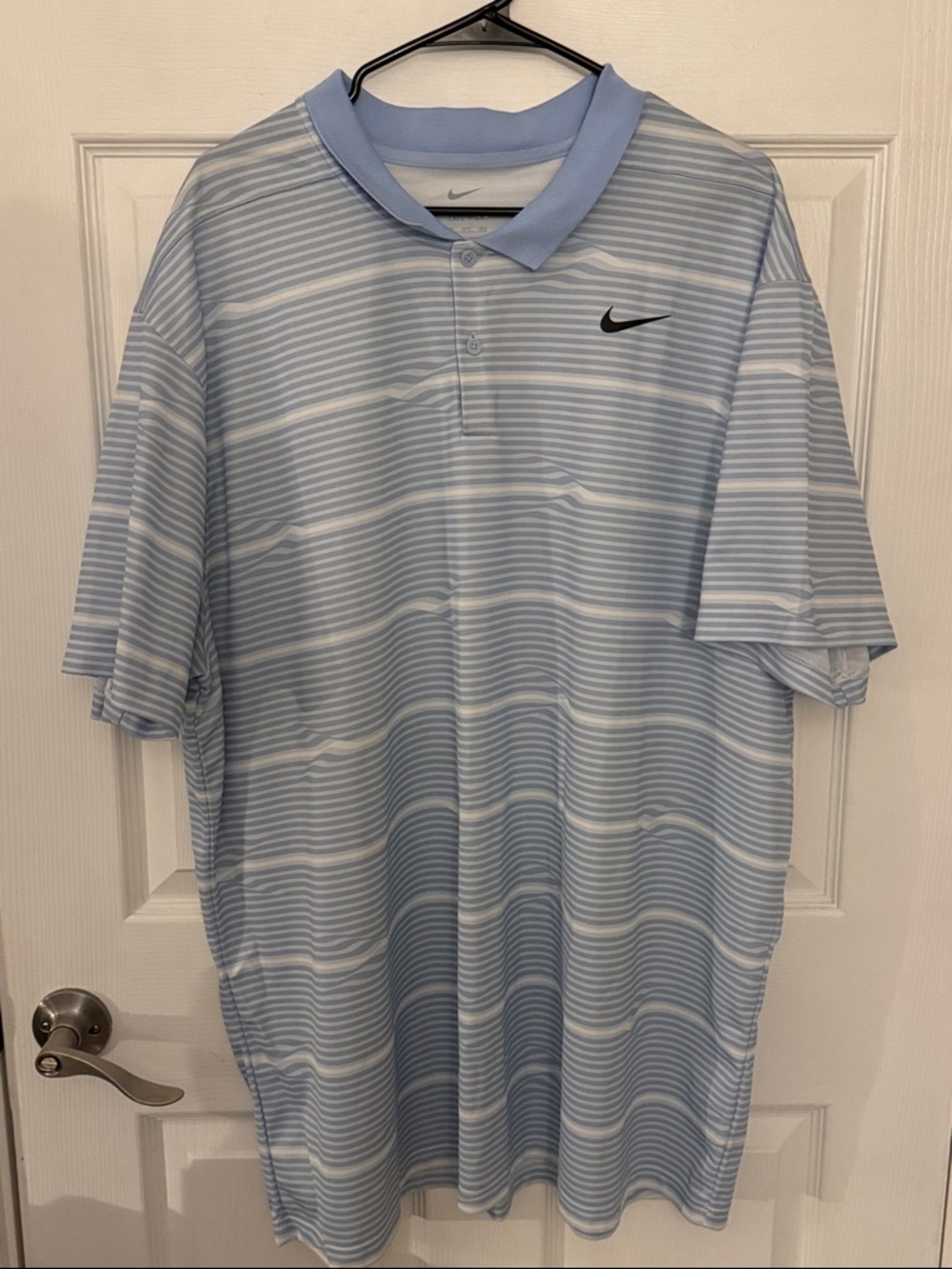Nike Men's Light Blue and White Striped Dri Fit Polo